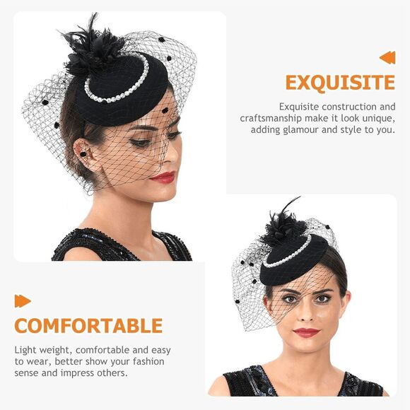 🖤 Pinup Accessory 1950s Retro Vintage Fascinator Black Pillbox Pearl Veil Hat - Picture 9 of 9